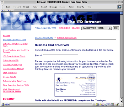 screenshot of the ITD Intranet site business card page
