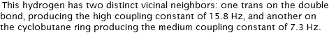 This hydrogen has two distinct vicinal neighbors: one trans on the double bond, producing the high coupling constant of 15.8 Hz, and another on the cyclobutane ring producing the medium coupling constant of 7.3 Hz. 