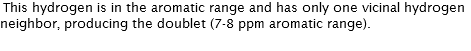 This hydrogen is in the aromatic range and has only one vicinal hydrogen neighbor, producing the doublet (7-8 ppm aromatic range). 