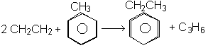 Chemical equation showing the reaction: 2 CH2CH2 + CH3-substituted benzene produces CH2CH3-substituted benzene and C3H6 (propene).