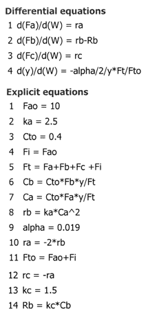 List of differential and explicit equations for a chemical reaction system. Differential equations include d(Fa)/d(W) = ra, d(Fb)/d(W) = rb - Rb, and d(Fc)/d(W) = rc. Explicit equations define various terms such as Ft, ka, Cto, alpha, y, Ca, Cb, rb, ra, rc, kc, and Rb.