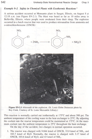 Example 9-2 on reactor safety. Describes a 1969 explosion at Monsanto in Sauget, Illinois, during exothermic nitroaniline production. Includes reaction diagram and photo of the damaged plant.