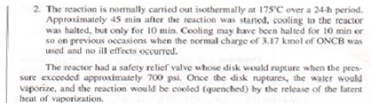 Text describing reactor conditions at 175°C. Mentions temporary cooling halt and a safety relief valve that activates at 700 psi to prevent overheating.