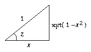 right triangle with angle z, adjacent leg x and hypotenuse 1