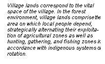 Line Callout 3 (No Border): Village lands correspond to the vital
space of the village. In the forest
environment, village lands comprise the area on which local people depend, strategically alternating their exploita-tion of agricultural zones as well as
hunting, gathering, and fishing zones in
accordance with indigenous systems of
rotation.

