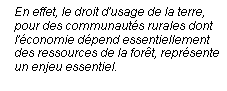 Line Callout 3 (No Border): En effet, le droit dusage de la terre, pour des communauts rurales dont lconomie dpend essentiellement des ressources de la fort, reprsente un enjeu essentiel.

