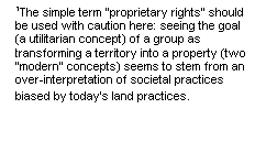 Line Callout 3 (No Border): 1The simple term proprietary rights should be used with caution here: seeing the goal (a utilitarian concept) of a group as transforming a territory into a property (two modern concepts) seems to stem from an over-interpretation of societal practices biased by todays land practices.