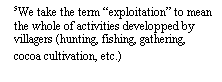 Line Callout 3 (No Border): 5We take the term exploitation to mean the whole of activities developped by villagers (hunting, fishing, gathering, cocoa cultivation, etc.)