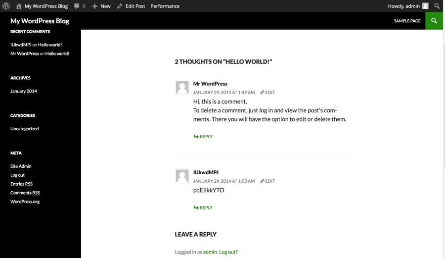 Screenshot of the blog comment posted by the exploit