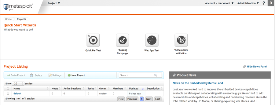Screenshot of the Metasploit web interface main page