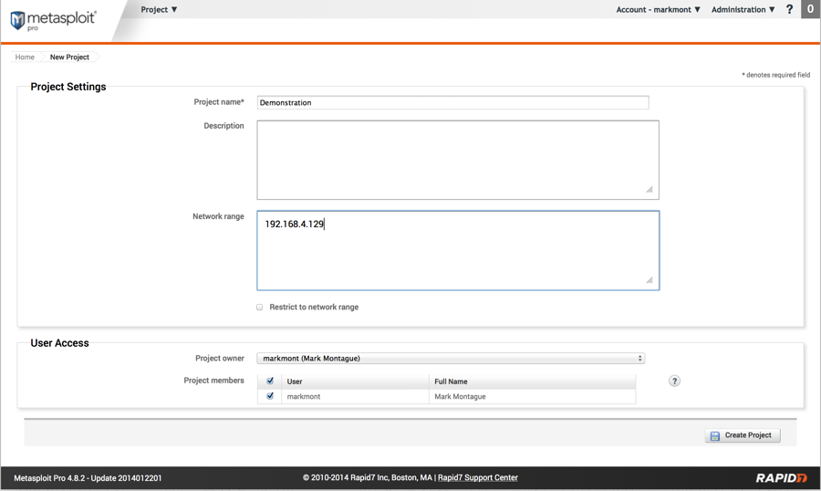 Screenshot of the Metasploit web interface New Project page