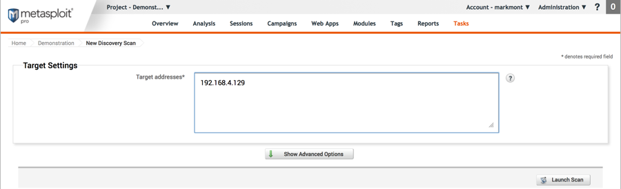 Screenshot of the Metasploit web interface starting a scan