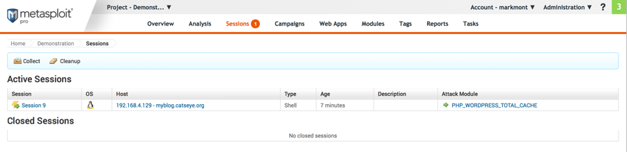 Screenshot of the session list