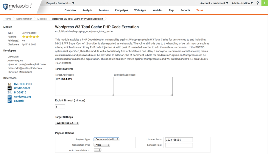 Screenshot of the Metasploit exploit modules for WordPress