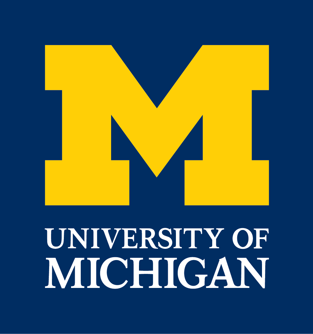 A yellow, serifed, capital letter M above the words 'University of Michigan' in white, on a blue background.
