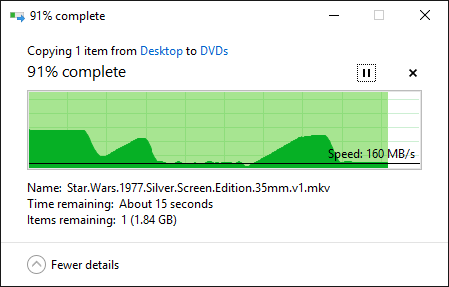 Win10 copy graph ~ 160 MiB/sec, 22 GiB file