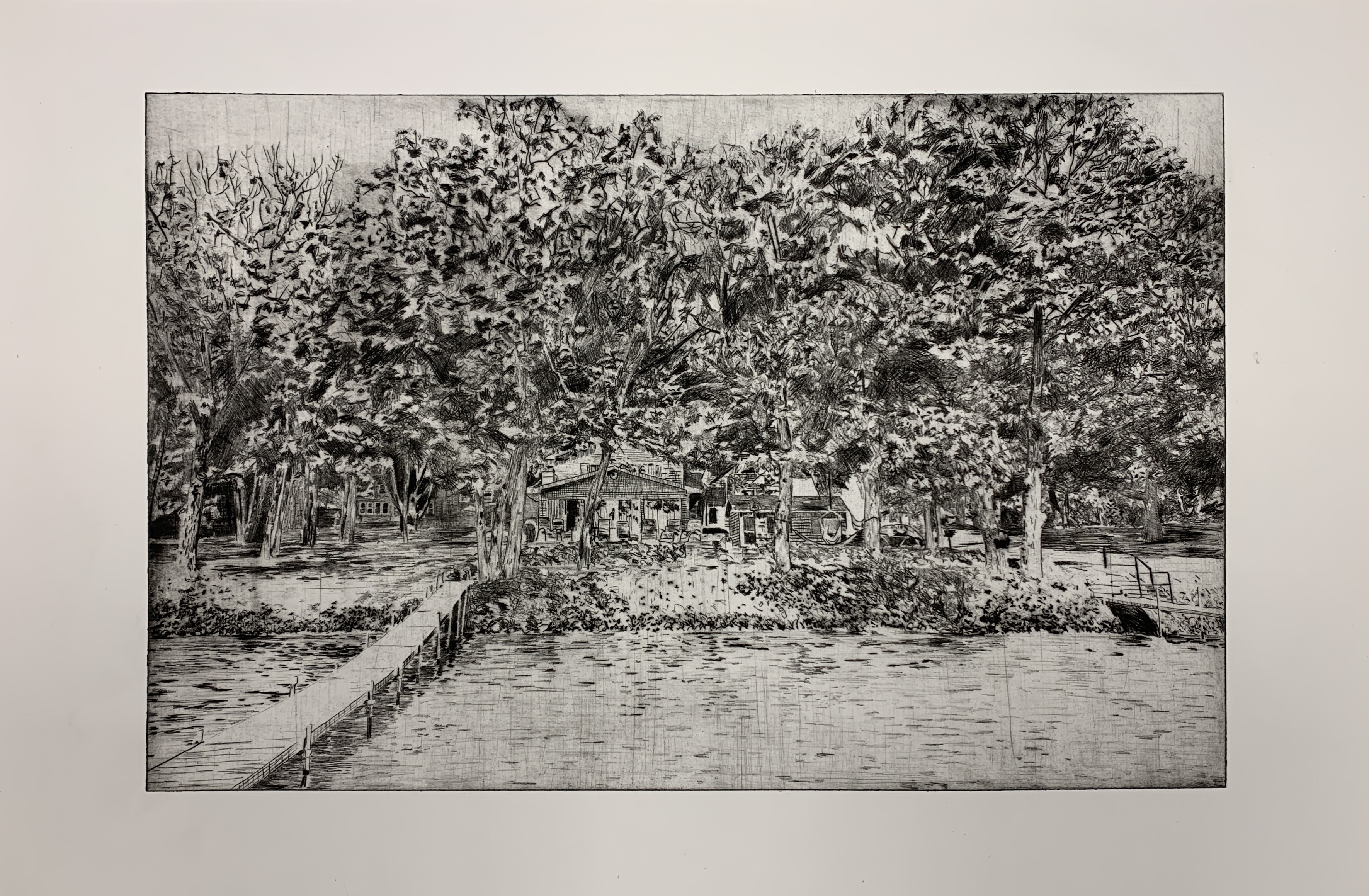 Drypoint etching print of a cottage on Higgins Lake.