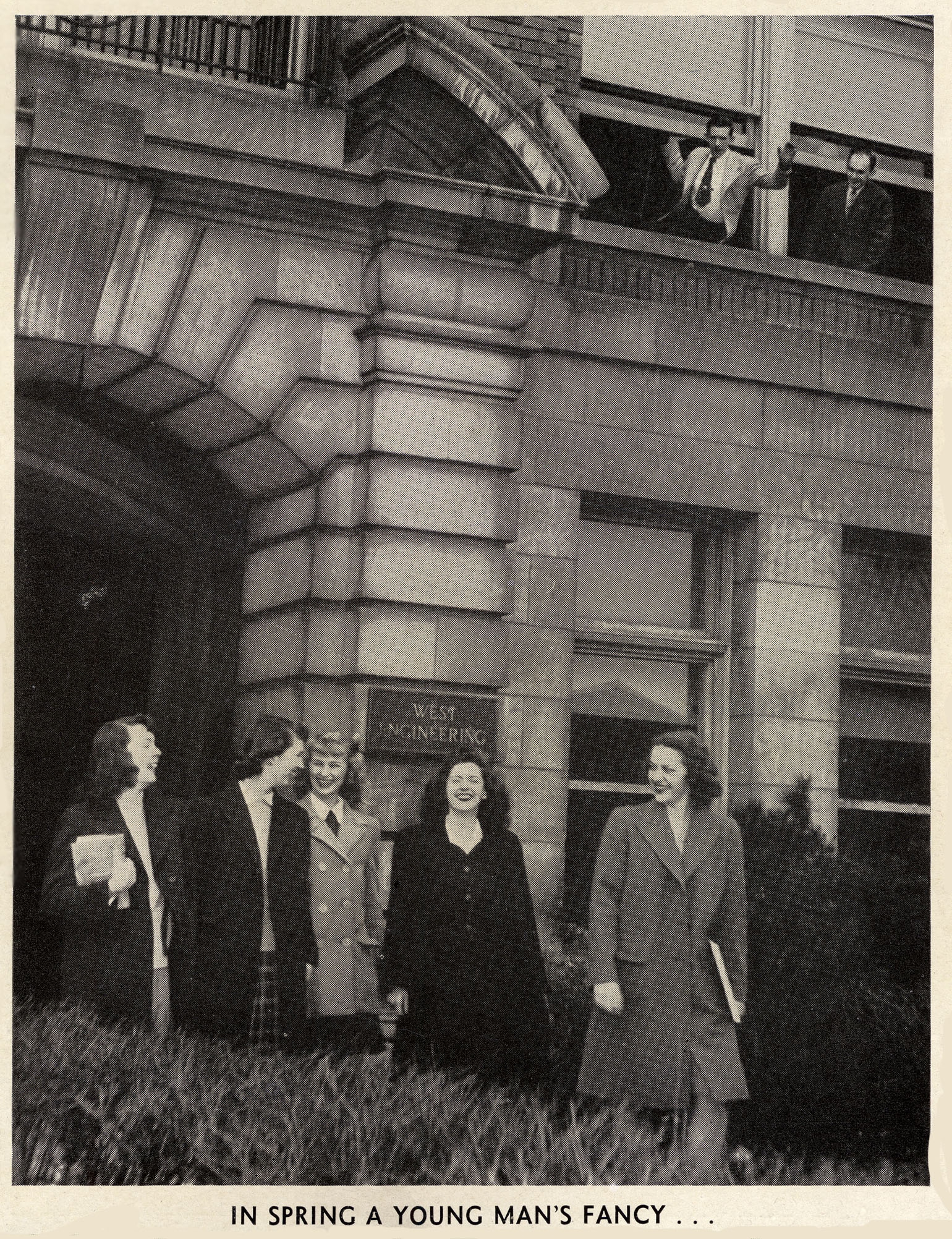 Sally Shumway is third from left, Michigan Technic, 1945